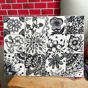 Grey, Black and White flowers 💐 acrylic pen art canvas 12x16 💕